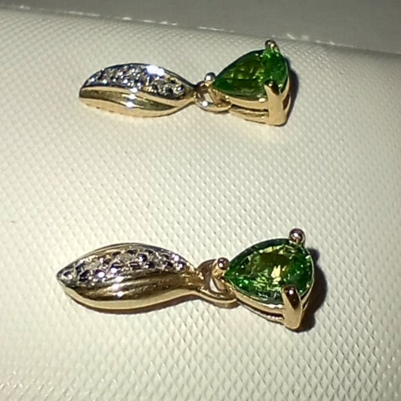 14Kt Yellow Gold Tsavorite & Diamond-Accented Drop Post Earrings - Picture 3 of 4